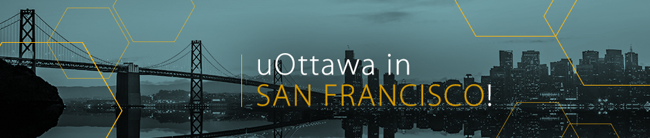 Photo of the city skyline, in black and blue, with overlay text uOttawa in San Francisco