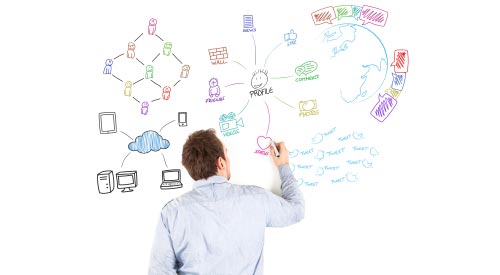 A man writing social media icons on a white board